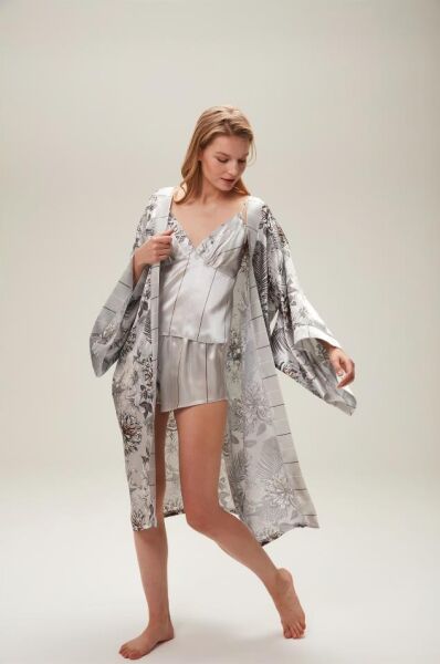 Nazik Home Zen Sabahlık Şort Büstiyer 3'lü Takım Gri L