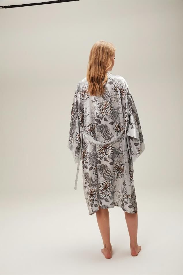 Nazik Home Zen Sabahlık Şort Büstiyer 3'lü Takım Gri L