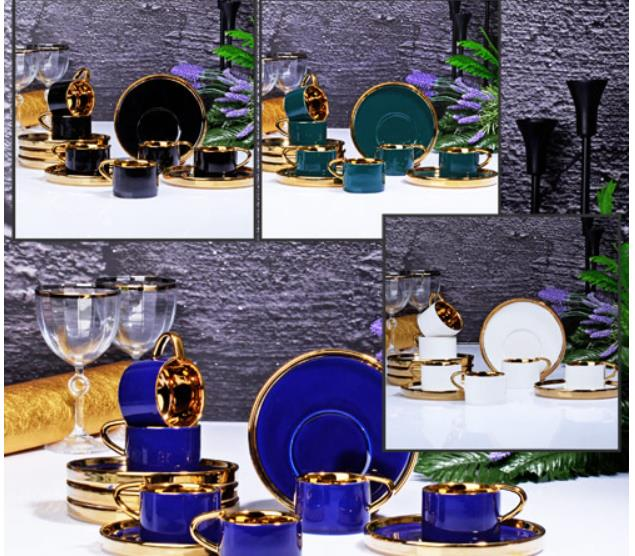 Kosova İst-85 Porselen 90cc 6'lı Büyük Tabak Fincan Takımı 4 Renk