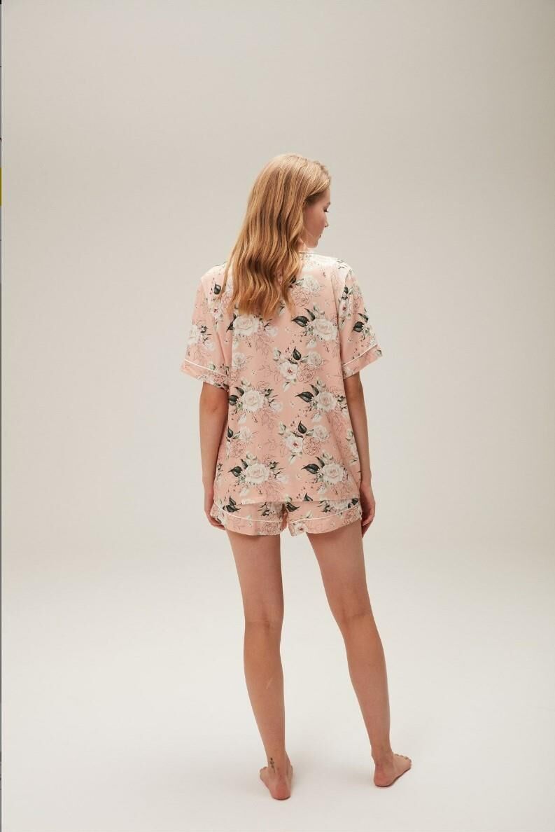 Nazik Home Ferya Düğmeli Şort Takım Pudra L