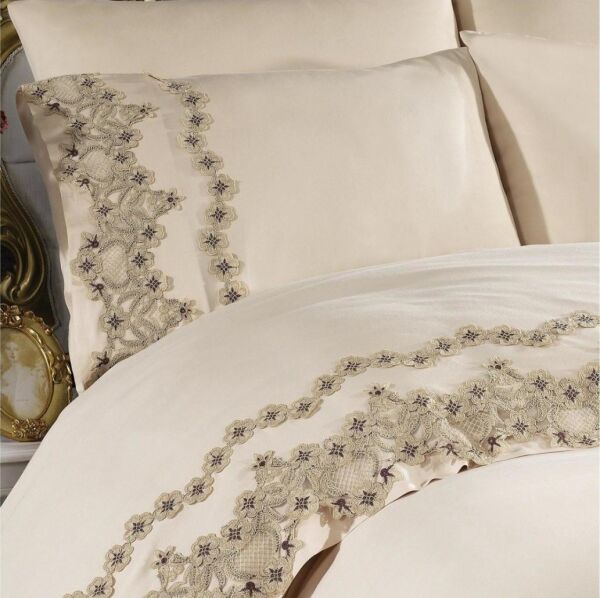 Nazik Home Elegance Dantelli Nevresim Takımı Bej Çift Kişilik