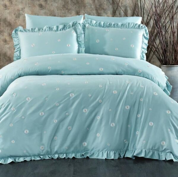 Nazik Home Sunny Papatya Nakışlı Nevresim Takımı Mint Çift Kişilik