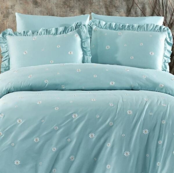 Nazik Home Sunny Papatya Nakışlı Nevresim Takımı Mint Çift Kişilik