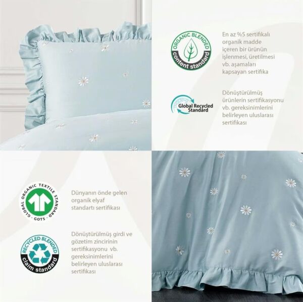 Nazik Home Sunny Papatya Nakışlı Nevresim Takımı Mint Çift Kişilik