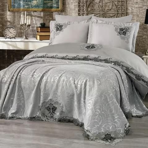 Nazik Home Carina Dantelli Nevresim Takımı Ve Pike 7 Parça Seti Gri Çift Kişilik