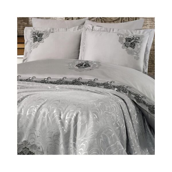 Nazik Home Carina Dantelli Nevresim Takımı Ve Pike 7 Parça Seti Gri Çift Kişilik