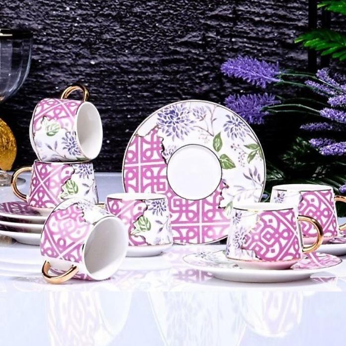 Kosova İst-86 Porselen 110 cc 6'lı Fincan Takımı Çift Renk Pembe