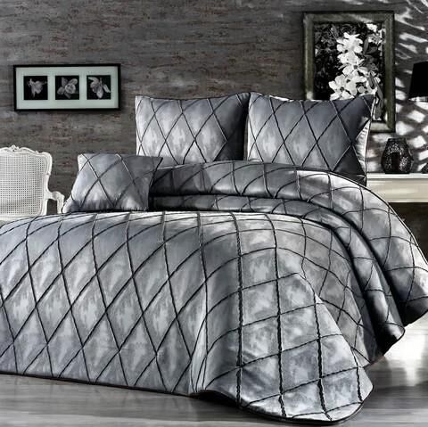 Nazik Home Deri Süet Görünümlü Jakarlı Parma Yatak Örtüsü Gri Çift Kişilik