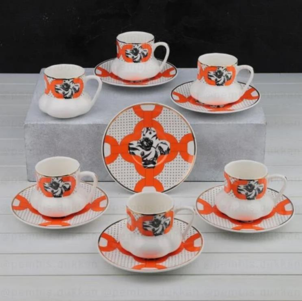 Kosova 311-3 Porselen 6'lı Fincan Takımı Geniş Maksimo Orange