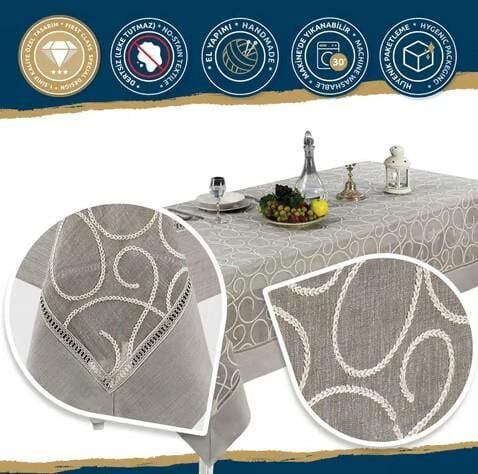 Nazik Home Glory Özel İşlemeli Keten Masa Örtüsü Krem 160X260