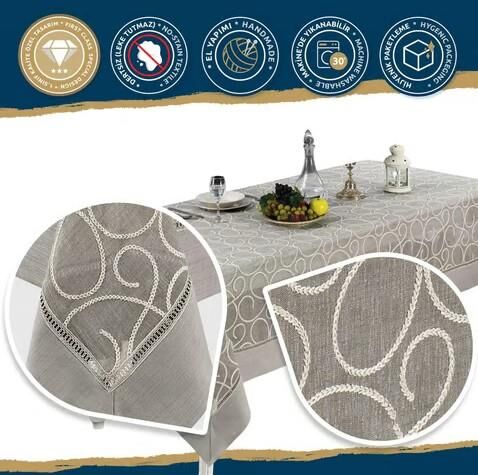 Nazik Home Glory Özel İşlemeli Keten Masa Örtüsü Bej 160X260