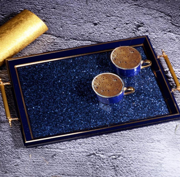 Kosova La-582 Kulplu Taşlı Dikdörtgen Tepsi 50 x 31 CmLacivert Taşlı