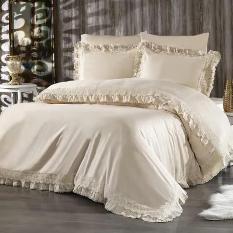 Nazik Home Helen Organik Dantelli Pamuk Saten 6 Parça Çift Kişilik Nevresim Takımı Bej Bej Çift Kişilik
