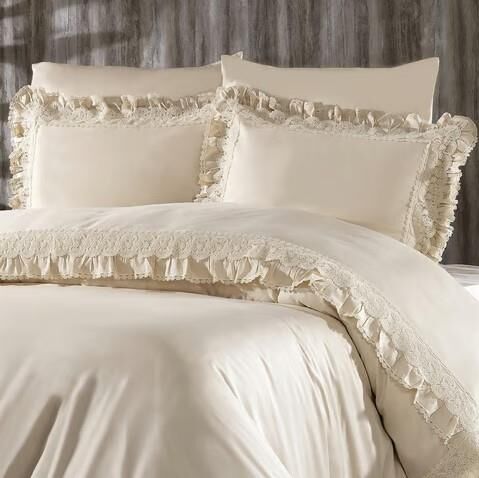 Nazik Home Helen Organik Dantelli Pamuk Saten 6 Parça Çift Kişilik Nevresim Takımı Bej Bej Çift Kişilik