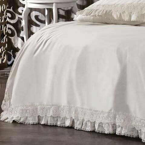 Nazik Home Helen Organik Dantelli Pamuk Saten 6 Parça Çift Kişilik Nevresim Takımı Bej Krem Çift Kişilik