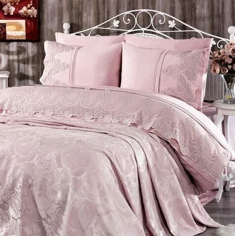 Nazik Home Arin Dantelli Nevresim Takımı Ve Pike 7 Parça Seti Pudra Çift Kişilik