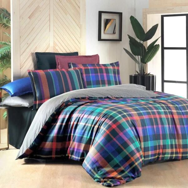 Sarev Merlin Saten Nevresim Takımı Çift Kişilik 4Yastık-Lacivert