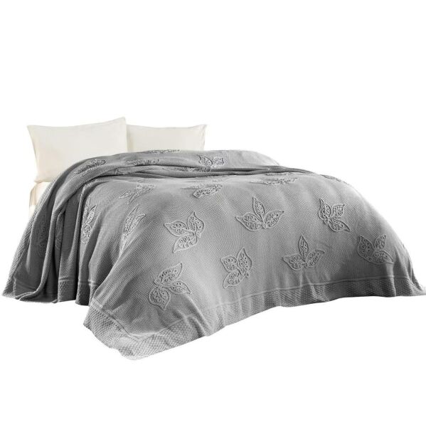 Nazik Home Alegra El Yapımı Triko Nakışlı Battaniye Gri Çift Kişilik