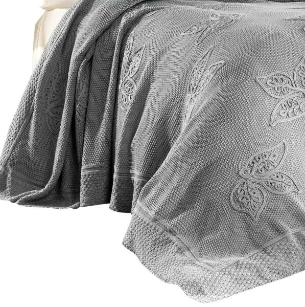 Nazik Home Alegra El Yapımı Triko Nakışlı Battaniye Gri Çift Kişilik