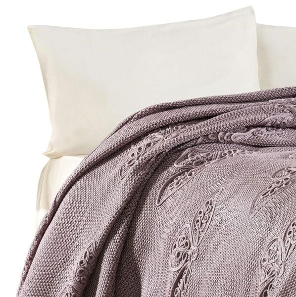 Nazik Home Alegra El Yapımı Triko Nakışlı Battaniye Lila Çift Kişilik