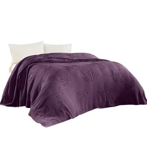 Nazik Home Alegra El Yapımı Triko Nakışlı Battaniye Mürdüm Çift Kişilik