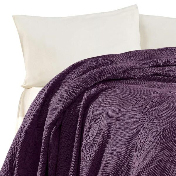 Nazik Home Alegra El Yapımı Triko Nakışlı Battaniye Mürdüm Çift Kişilik