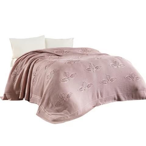 Nazik Home Alegra El Yapımı Triko Nakışlı Battaniye Pudra Çift Kişilik