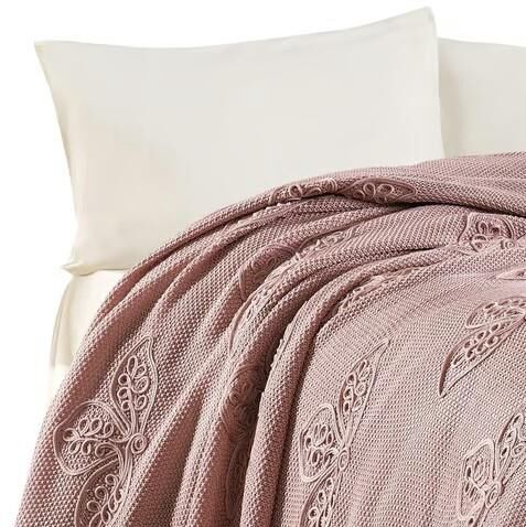 Nazik Home Alegra El Yapımı Triko Nakışlı Battaniye Pudra Çift Kişilik