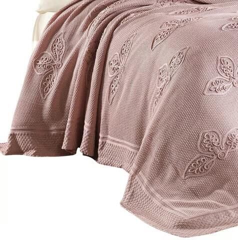 Nazik Home Alegra El Yapımı Triko Nakışlı Battaniye Pudra Çift Kişilik