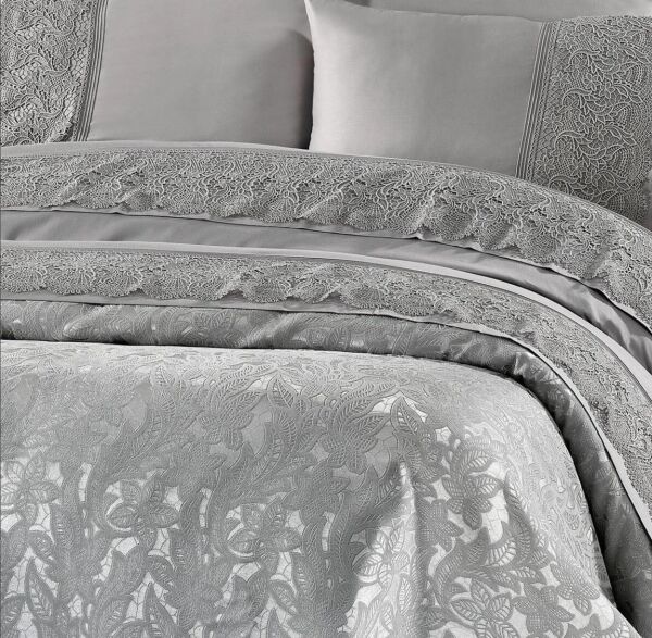 Nazik Home Blenda Dantelli Nevresim Takımı ve Pike 7 Parça Seti Gri Çift Kişilik