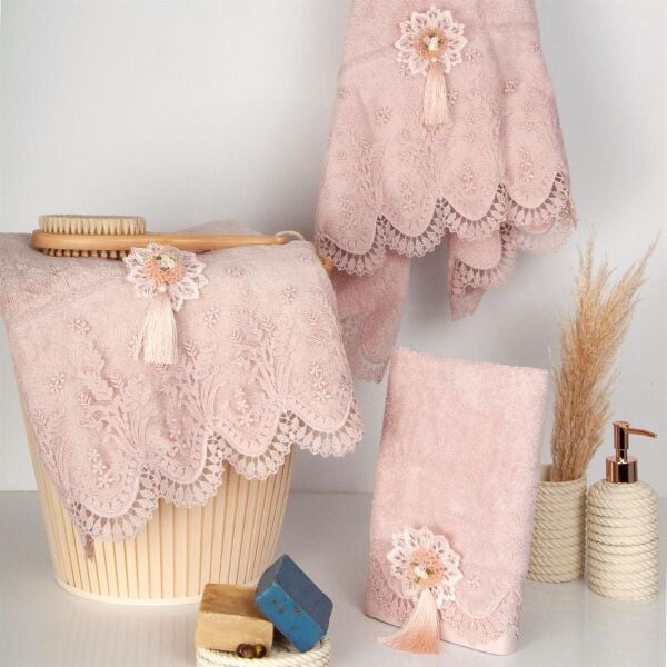 Nazik Home Clara Dantelli Ve Süslü Havlu Pudra 90X150