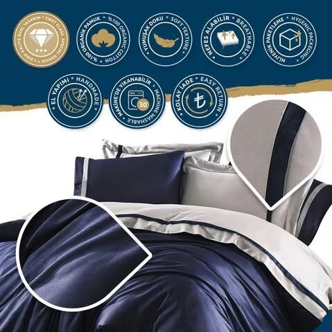 Nazik Home Elite Organik Pamuk Saten 6 Parça Nevresim Takımı Mavi Çift Kişilik