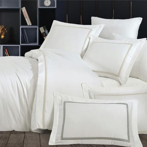 Nazik Home Olimpos Nakışlı Pamuk Saten 6 Parça Nevresim Takımı Bej Çift Kişilik