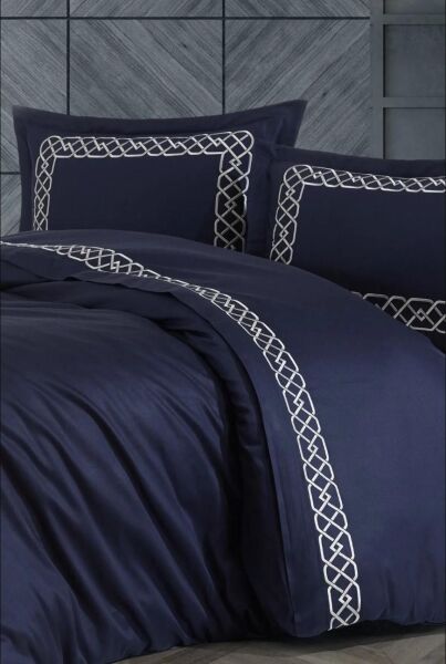 Nazik Home Vienza Nakışlı Pamuk Saten 6 Parça Nevresim Takımı Lacivert Çift Kişilik