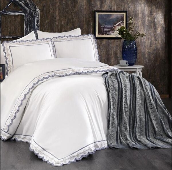 Nazik Home Azra Dantelli Nevresim Takımı Triko Battaniye 7 Parça Seti Beyaz Çift Kişilik