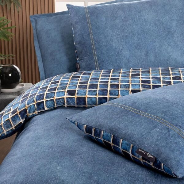Sarev Sensal Saten Nevresim Takımı Çift Kişilik 4 Yastık İndigo