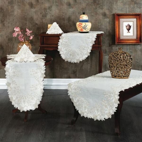 Nazik Home Serenita Dantelli Leke Tutmaz 5 Parça Salon Oda Takımı Krem Standart