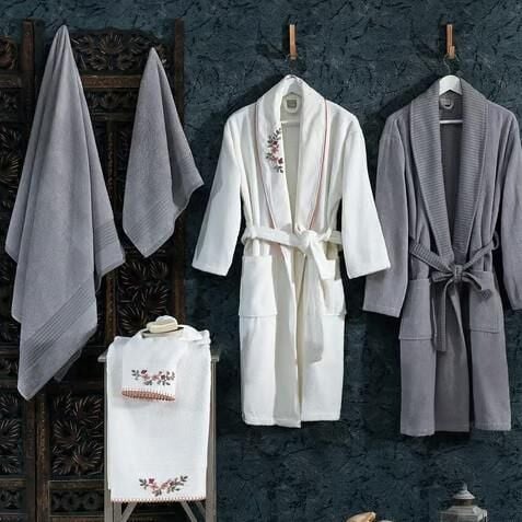 Nazik Home Kayra Kadın & Erkek 6 Parça Aile Bornoz Seti Krem / Gri Standart