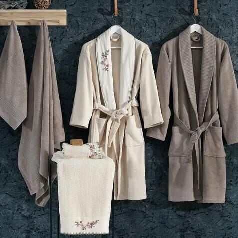 Nazik Home Kayra Kadın & Erkek 6 Parça Aile Bornoz Seti Naturel Vizon Standart