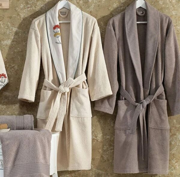 Nazik Home Galia Kadın & Erkek 6 Parça Aile Bornoz Seti Naturel Vizon Standart