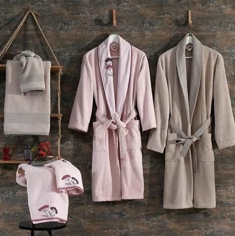 Nazik Home Galia Kadın & Erkek 6 Parça Aile Bornoz Seti Pudra / Bej Standart