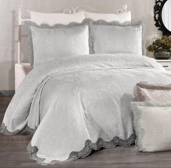 Nazik Home Leo Dantelli Yatak Örtüsü Gri Çift Kişilik