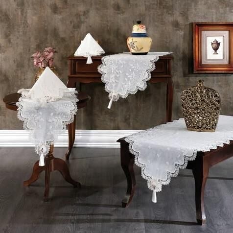 Nazik Home Clara Dantelli Leke Tutmaz 5 Parça Salon Oda Takımı Krem Standart