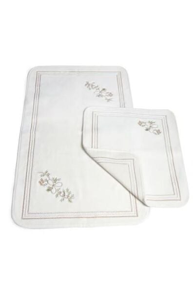 Nazik Home Begonya Nakışlı 2'li Banyo Paspas Seti Bej