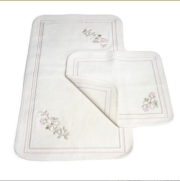 Nazik Home Begonya Nakışlı 2'li Banyo Paspas Seti Pudra