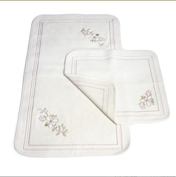 Nazik Home Begonya Nakışlı 2'li Banyo Paspas Seti Pudra