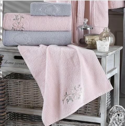 Nazik Home Begonya Kadın & Erkek 6 Parça Aile Bornoz Seti Pudra / Gri Standart