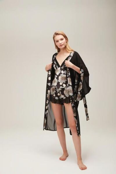 Nazik Home Jena Sabahlık Şort Büstiyer 3'lü Takım Siyah M