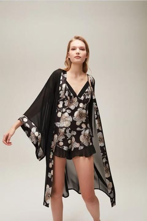 Nazik Home Jena Sabahlık Şort Büstiyer 3'lü Takım Siyah M