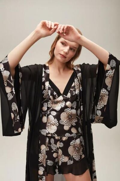 Nazik Home Jena Sabahlık Şort Büstiyer 3'lü Takım Siyah XL